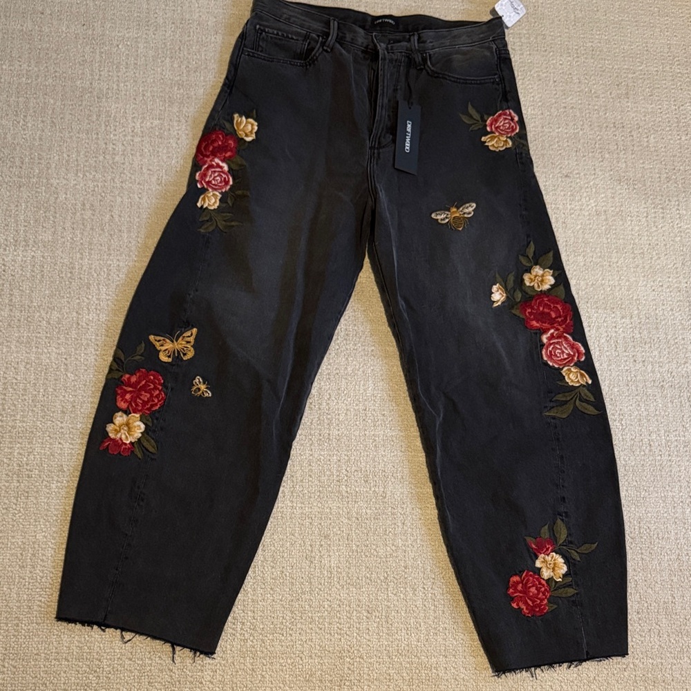DRIFTWOOD Black Wide-Leg Jeans with Red & Cream Floral Embroidery
